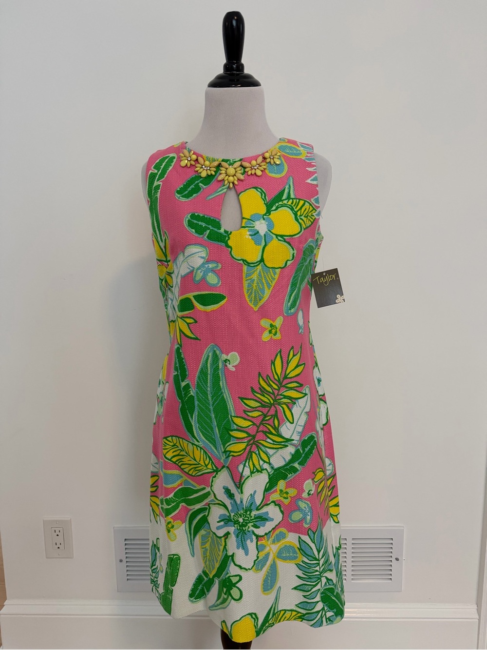 Taylor Pink Floral Keyhole Midi Dress with Yellow Accents